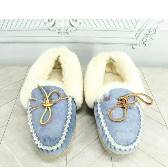 LL Bean Blue Suede Wicked Good Shearling Lined Moccasin Slippers Size 8 M - Picture 5 of 9